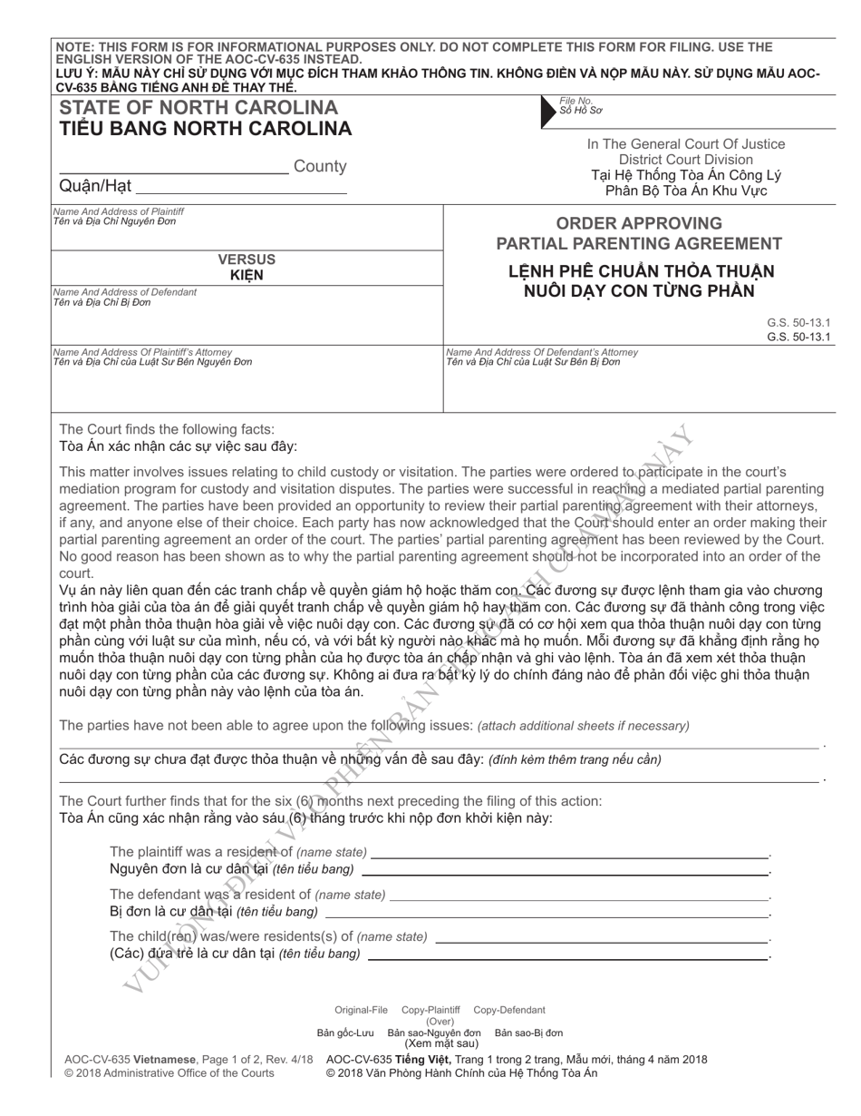 Form AOC-CV-635 VIETNAMESE Order Approving Partial Parenting Agreement - North Carolina (English / Vietnamese), Page 1
