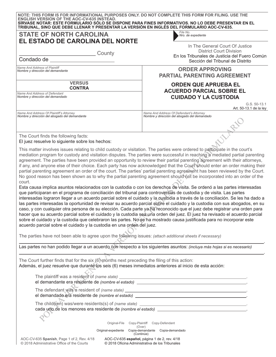 Form AOC-CV-635 SPANISH Order Approving Partial Parenting Agreement - North Carolina (English / Spanish), Page 1