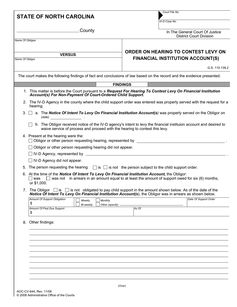 Form AOC-CV-644 Order on Hearing to Contest Levy on Financial Institution Account(S) - North Carolina, Page 1
