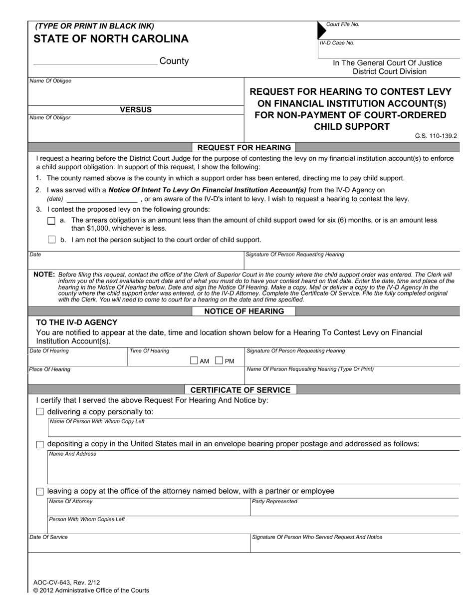 Form AOC-CV-643 Request for Hearing to Contest Levy on Financial Institution Account(S) for Non-payment of Court-Ordered Child Support - North Carolina, Page 1