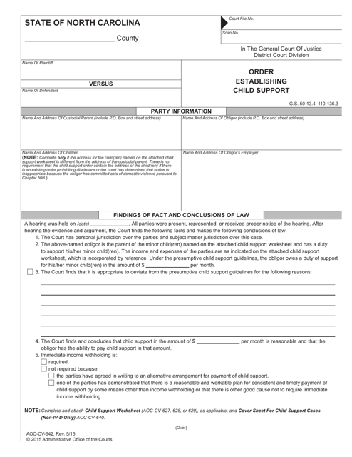 Form AOC-CV-642 Order Establishing Child Support - North Carolina