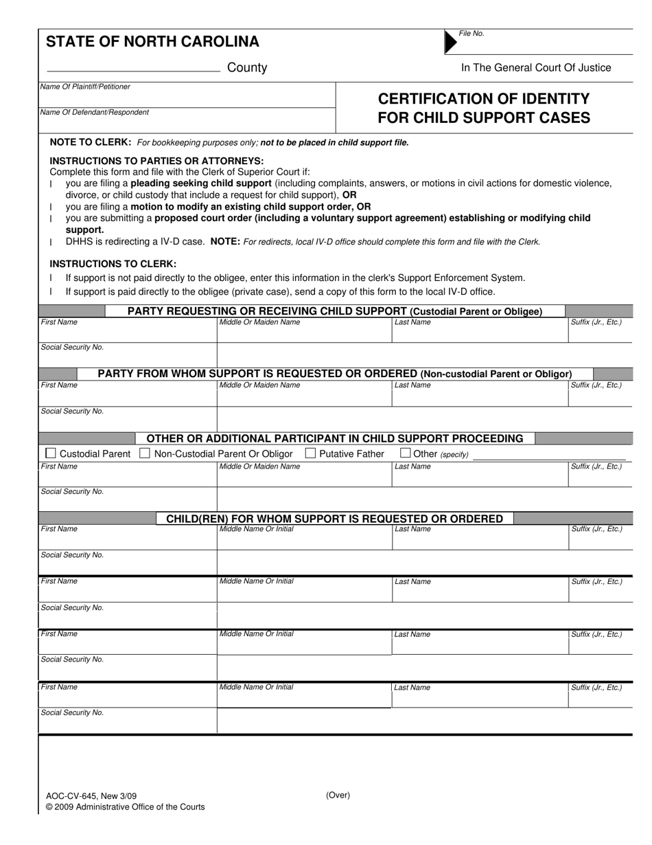 Form AOC-CV-645 Certification of Identity for Child Support Cases - North Carolina, Page 1