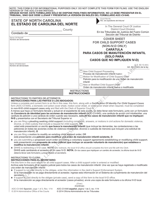 Form AOC-CV-640 SPANISH Cover Sheet for Child Support Cases (Non-IV-D Only) - North Carolina (English/Spanish)