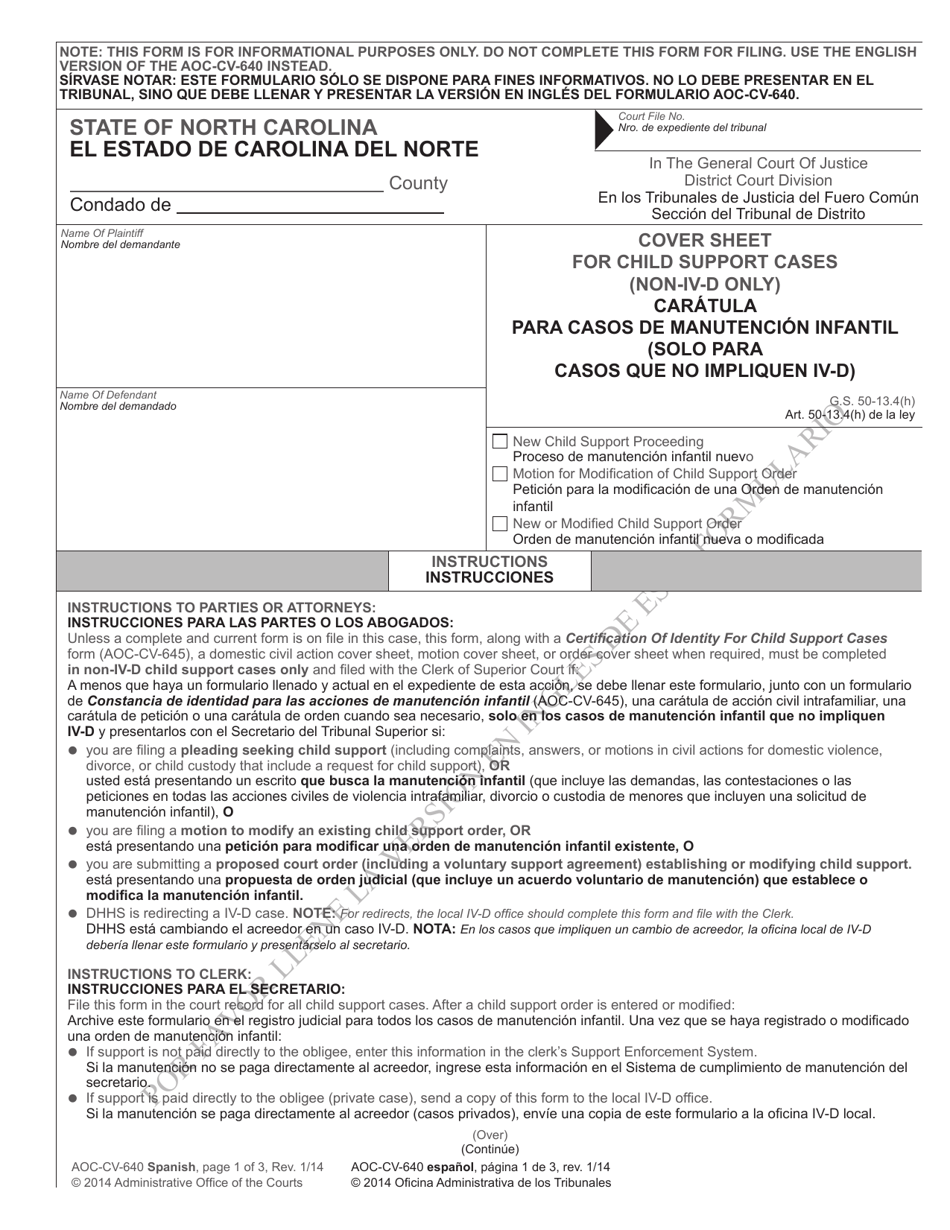 Form AOC-CV-640 SPANISH Cover Sheet for Child Support Cases (Non-IV-D Only) - North Carolina (English / Spanish), Page 1