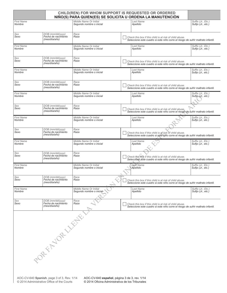 Form AOC-CV-640 SPANISH Cover Sheet for Child Support Cases (Non-IV-D Only) - North Carolina (English / Spanish), Page 3
