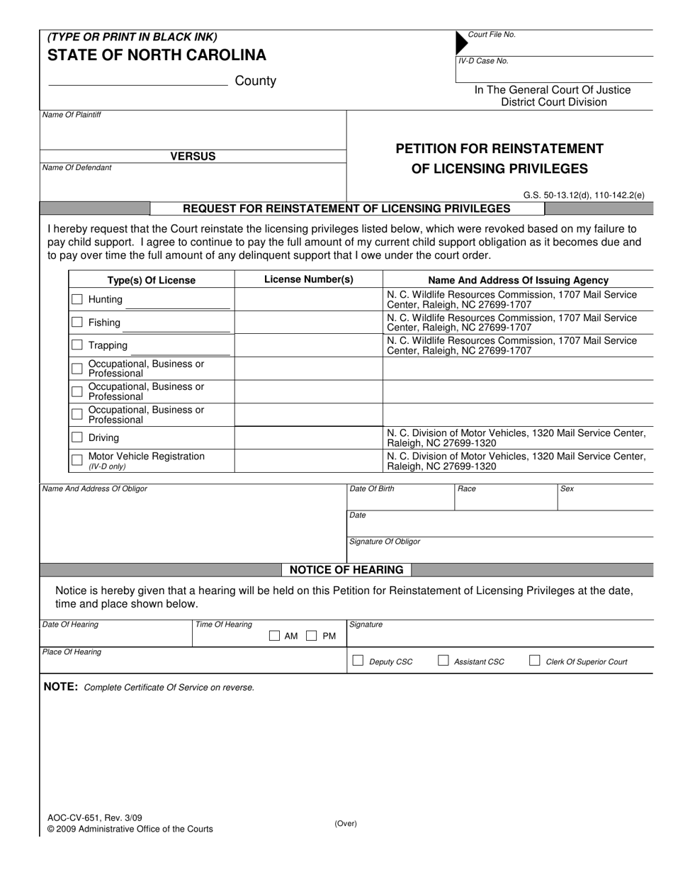 Form AOC-CV-651 Petition for Reinstatement of Licensing Privileges - North Carolina, Page 1