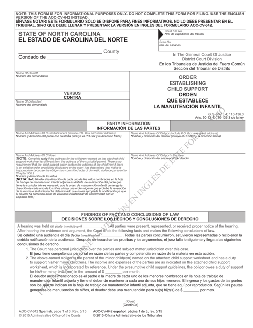 Form AOC-CV-642 SPANISH Order Establishing Child Support - North Carolina (English/Spanish)