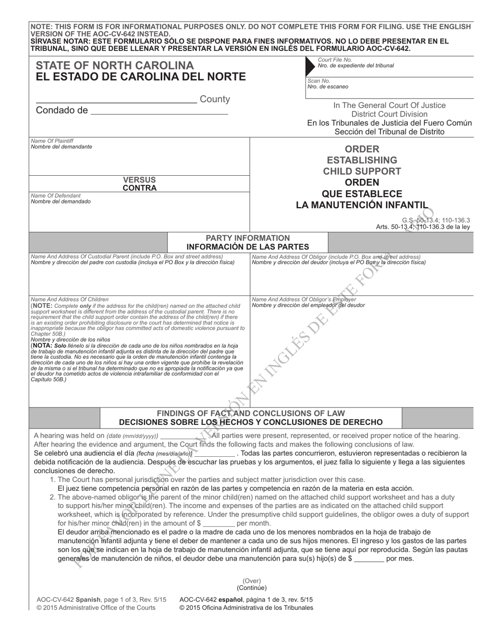 Form AOC-CV-642 SPANISH Order Establishing Child Support - North Carolina (English / Spanish), Page 1