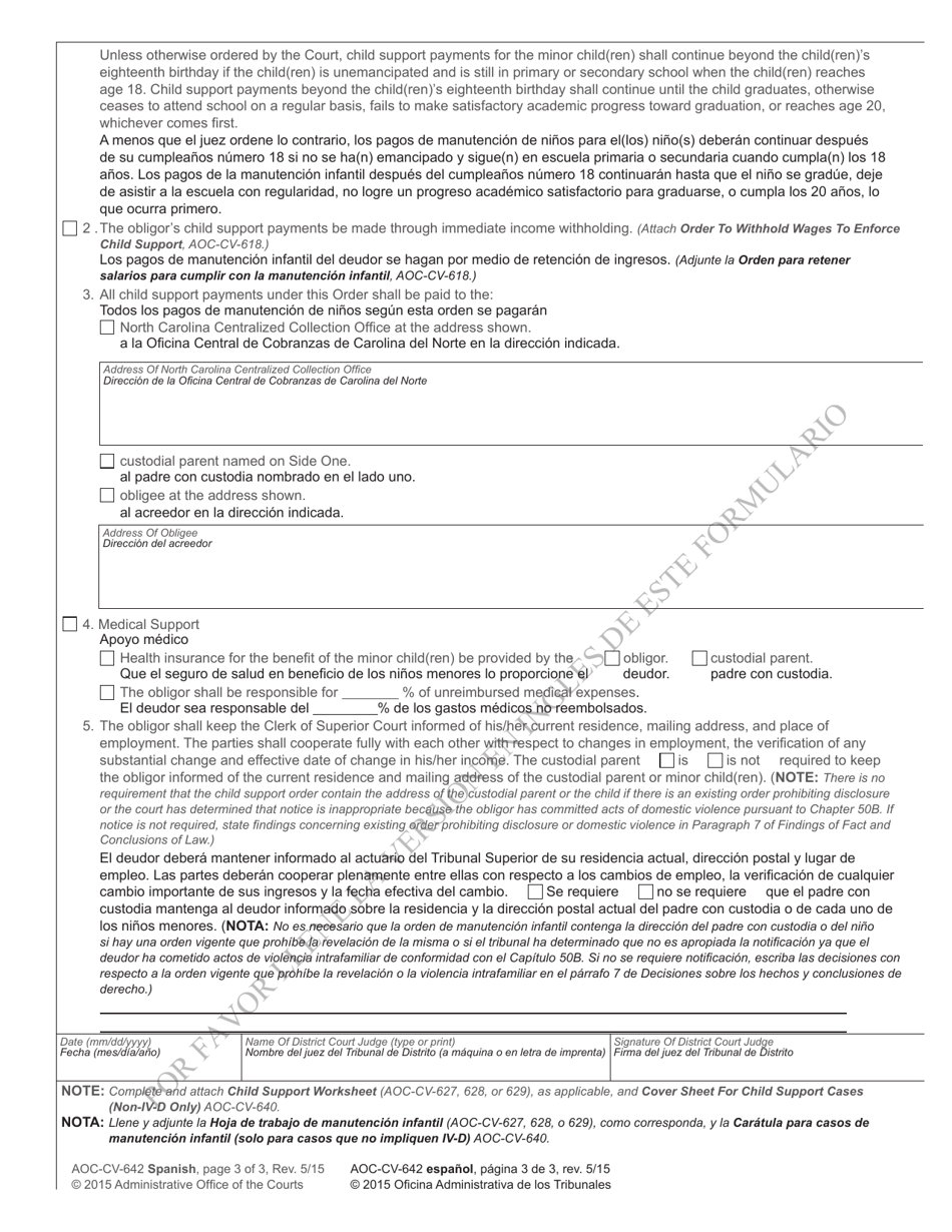 Form AOC-CV-642 SPANISH Order Establishing Child Support - North Carolina (English / Spanish), Page 3