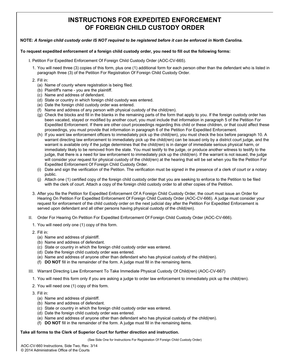 Instructions for Form AOC-CV-660 Petition for Registration of Foreign Child Custody Order - North Carolina, Page 2