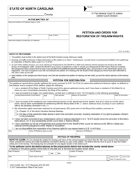 Form AOC-CV-654 Petition and Order for Restoration of Firearm Rights - North Carolina