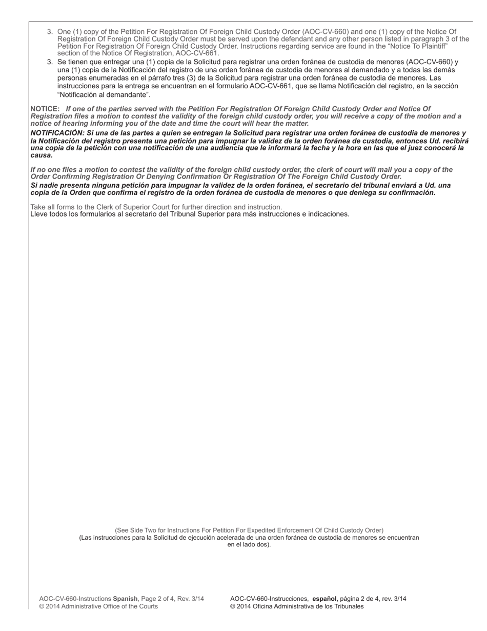 Instructions for Form AOC-CV-660 Petition for Registration of Foreign Child Custody Order - North Carolina (English / Spanish), Page 2