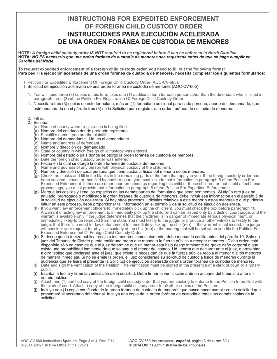 Instructions for Form AOC-CV-660 Petition for Registration of Foreign Child Custody Order - North Carolina (English / Spanish), Page 3