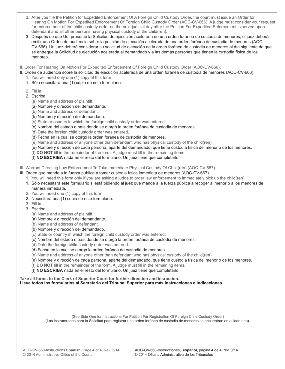 Instructions for Form AOC-CV-660 Petition for Registration of Foreign Child Custody Order - North Carolina (English / Spanish), Page 4