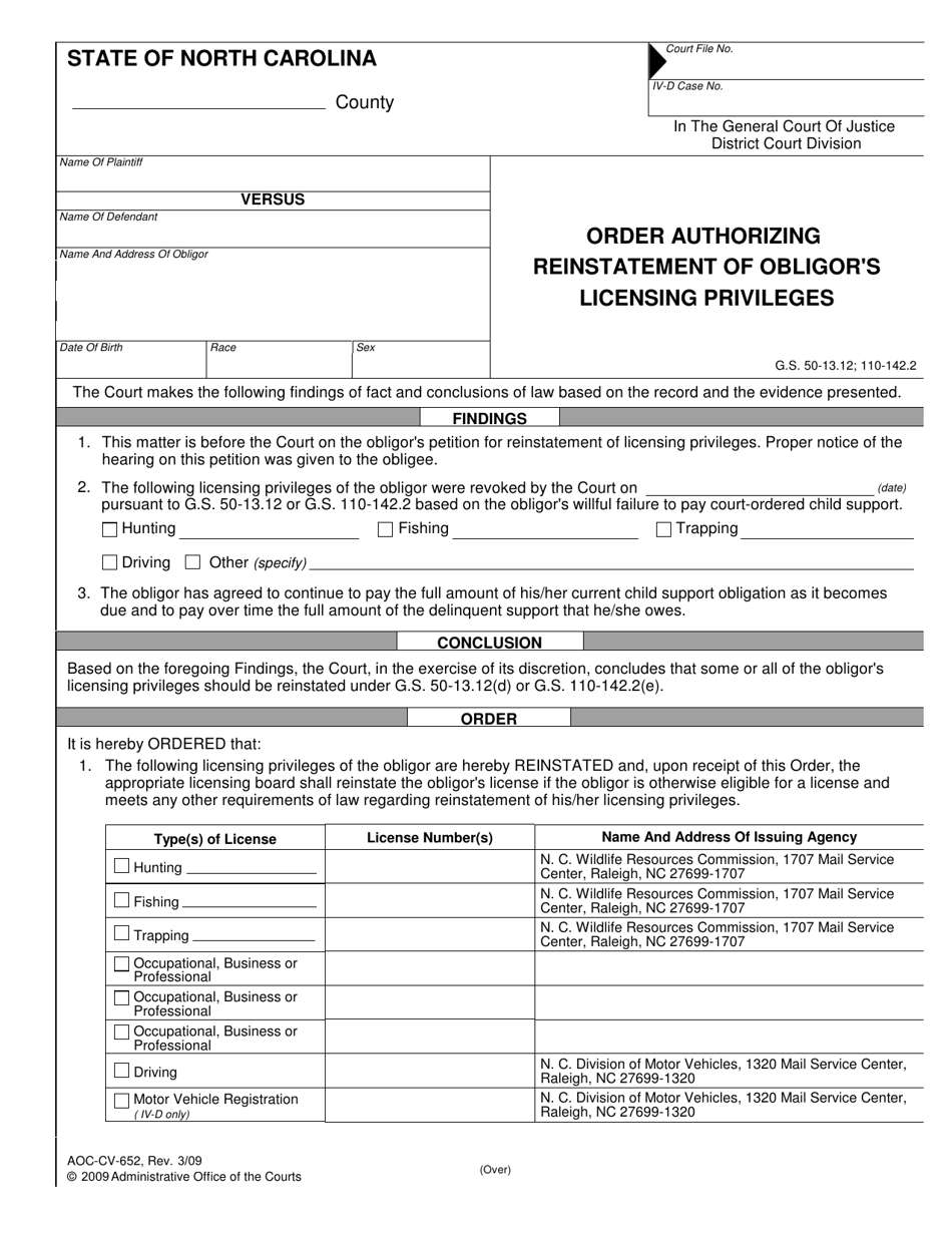 Form AOC-CV-652 Order Authorizing Reinstatement of Obligors Licensing Privileges - North Carolina, Page 1