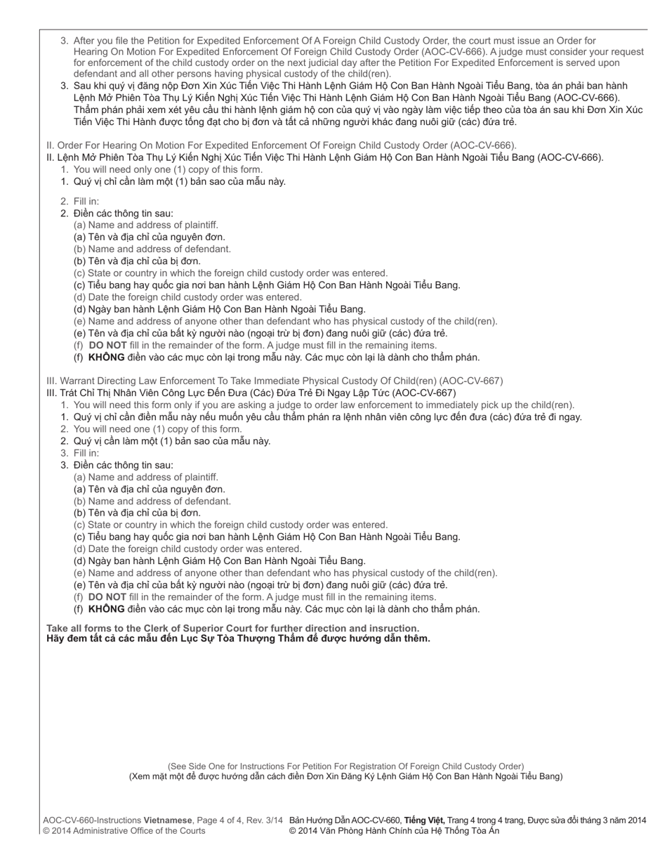 Instructions for Form AOC-CV-660 Petition for Registration of Foreign Child Custody Order - North Carolina (English / Vietnamese), Page 4