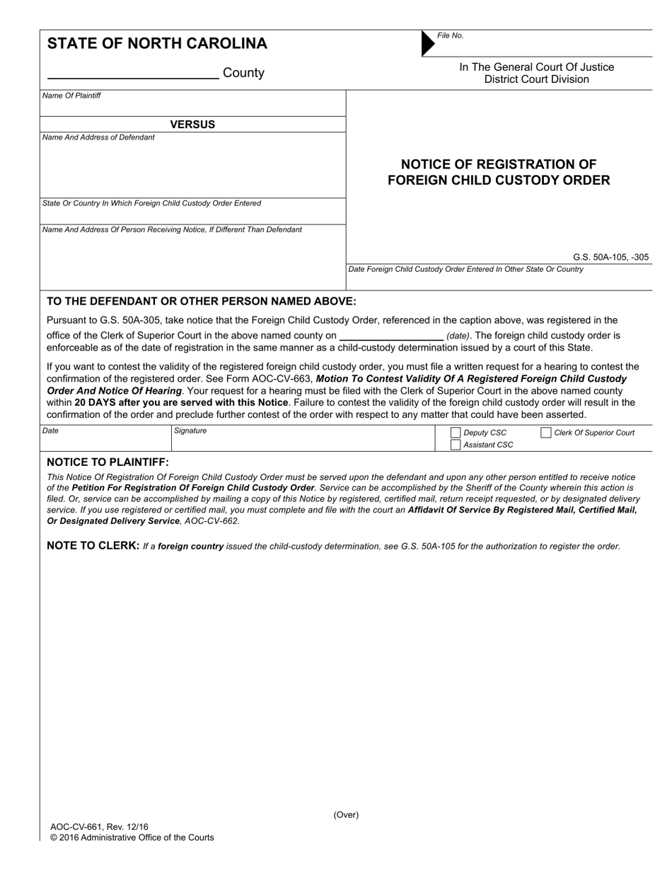 Form AOC-CV-661 Notice of Registration of Foreign Child Custody Order - North Carolina, Page 1
