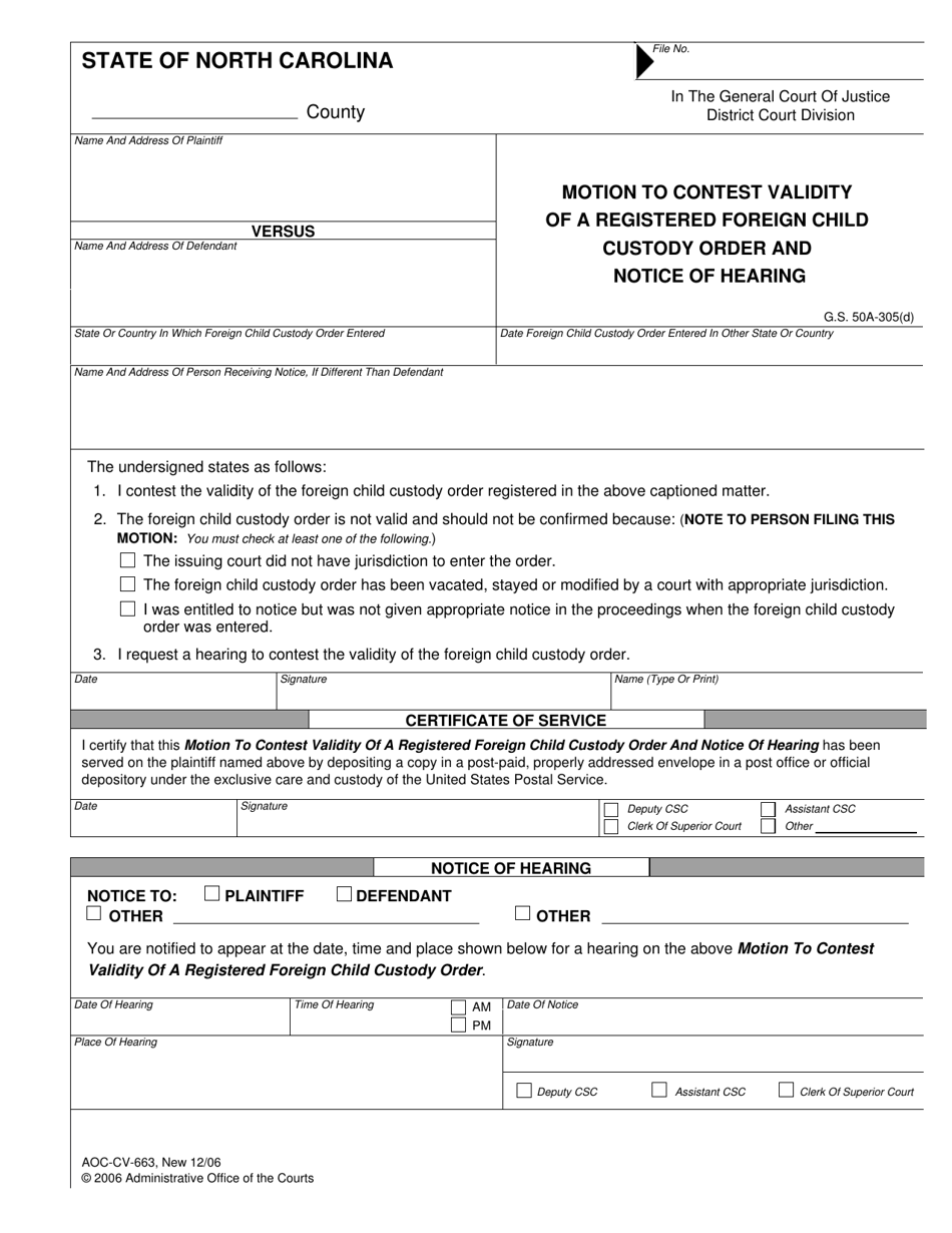 Form AOC-CV-663 Motion to Contest Validity of a Registered Foreign Child Custody Order and Notice of Hearing - North Carolina, Page 1