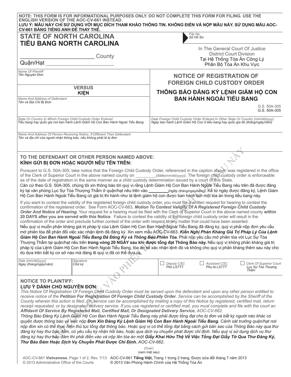 Form AOC-CV-661 Notice of Registration of Foreign Child Custody Order - North Carolina (English / Vietnamese), Page 1
