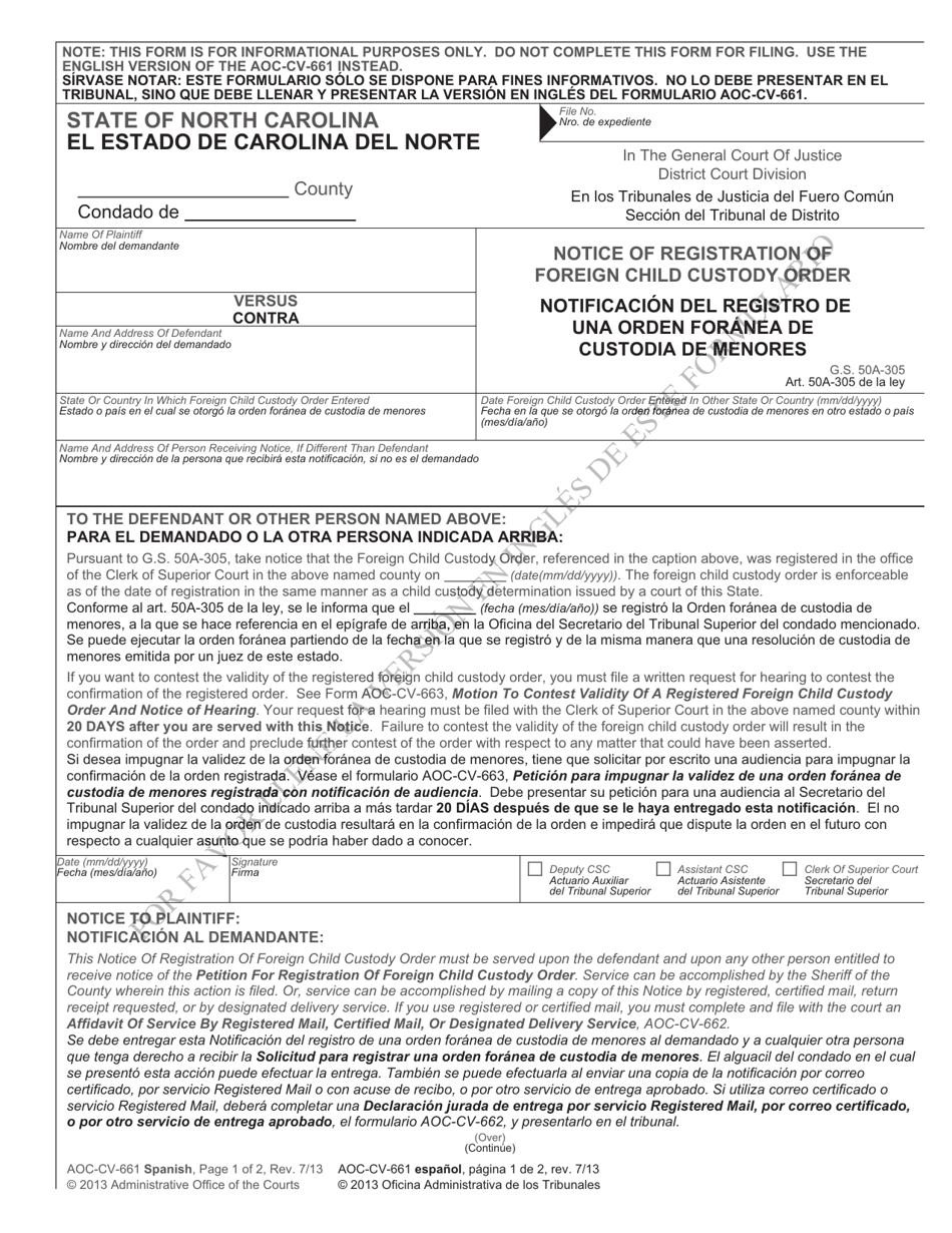 Form AOC-CV-661 Notice of Registration of Foreign Child Custody Order - North Carolina (English / Spanish), Page 1