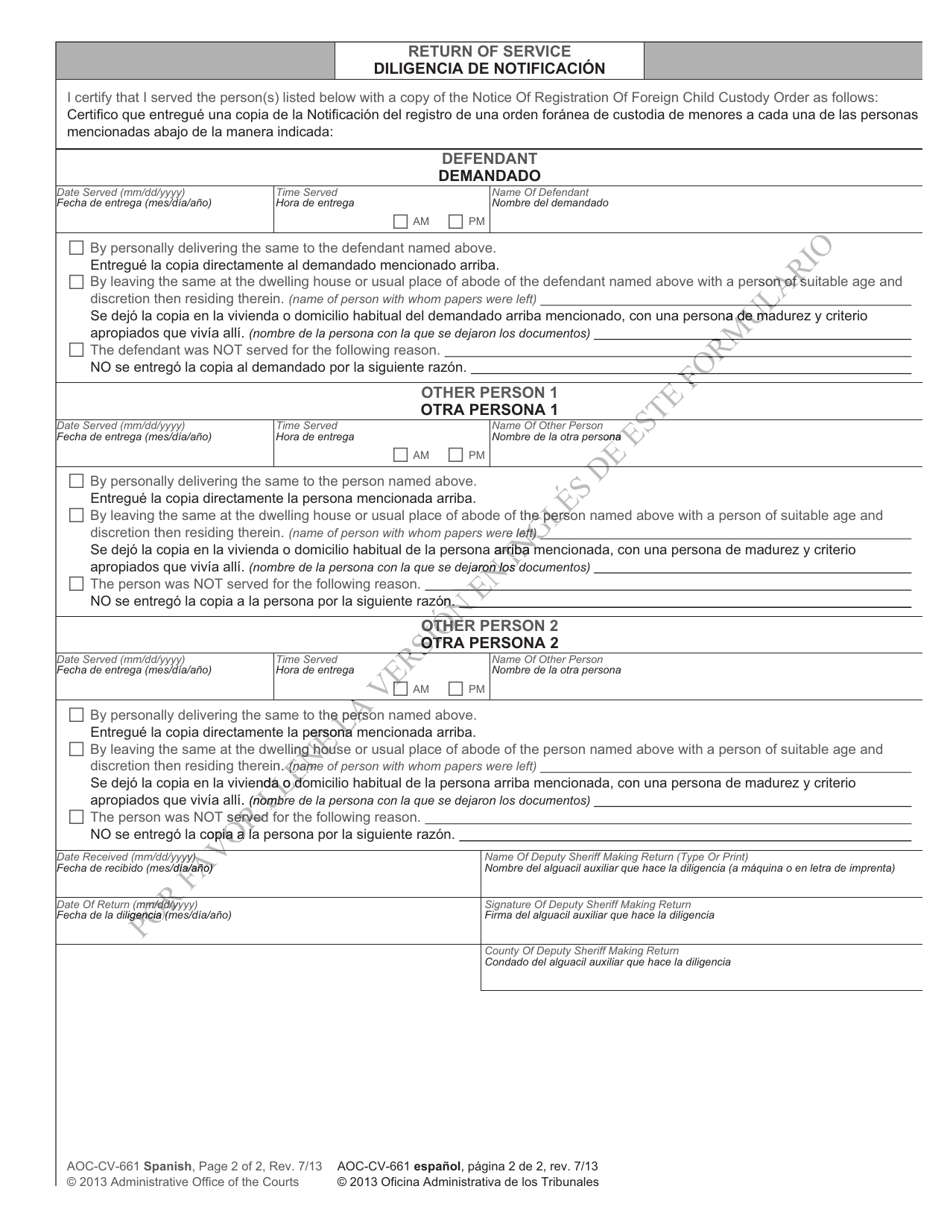 Form AOC-CV-661 Notice of Registration of Foreign Child Custody Order - North Carolina (English / Spanish), Page 2