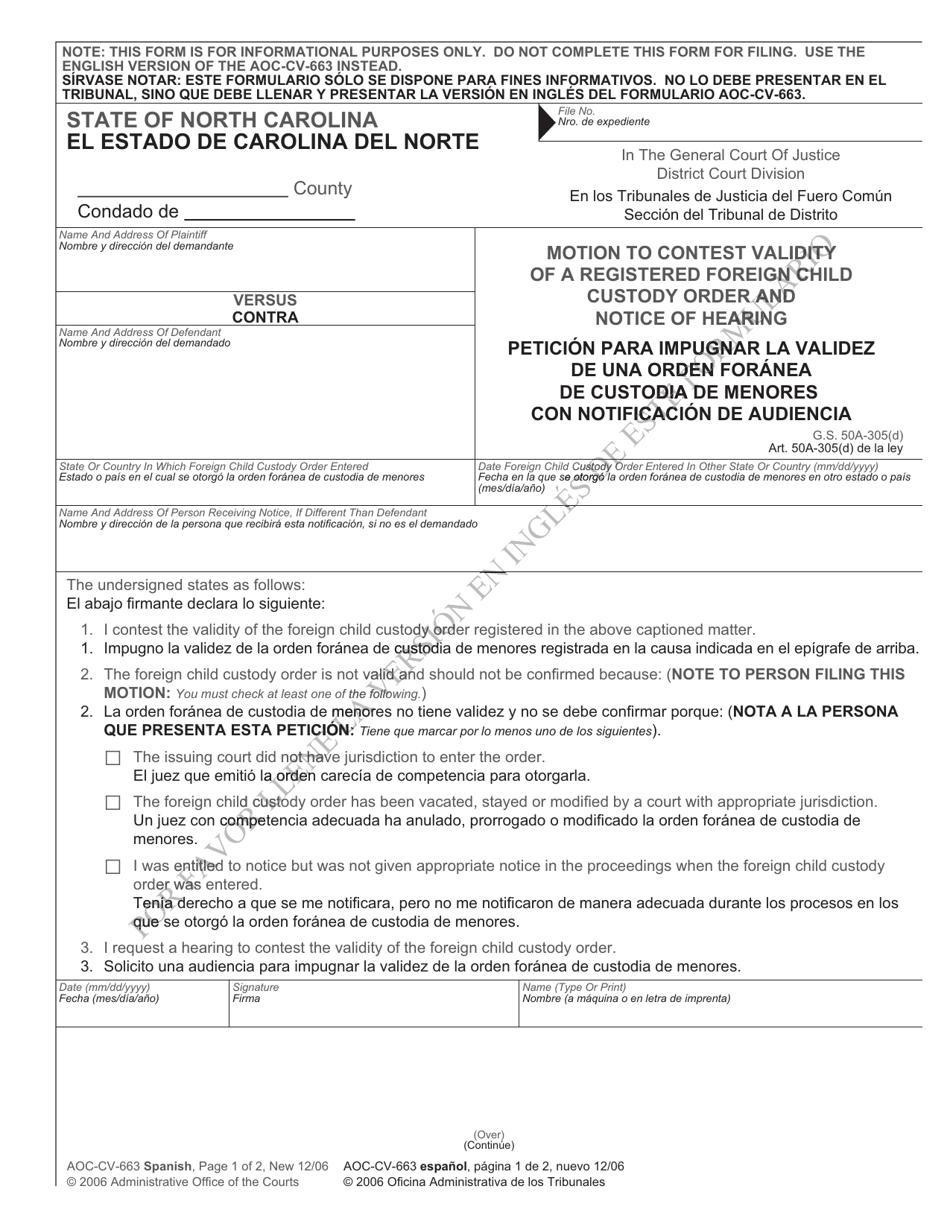 Form AOC-CV-663 SPANISH Motion to Contest Validity of a Registered Foreign Child Custody Order and Notice of Hearing - North Carolina (English / Spanish), Page 1