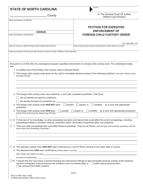 Form AOC-CV-665 Petition for Expedited Enforcement of Foreign Child Custody Order - North Carolina