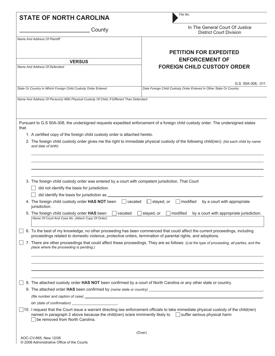Form AOC-CV-665 Petition for Expedited Enforcement of Foreign Child Custody Order - North Carolina, Page 1