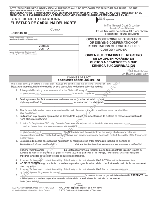 Form AOC-CV-664 Order Confirming Registration or Denying Confirmation of Registration of Foreign Child Custody Order - North Carolina (English/Spanish)