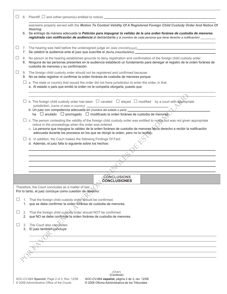 Form AOC-CV-664 Order Confirming Registration or Denying Confirmation of Registration of Foreign Child Custody Order - North Carolina (English / Spanish), Page 2