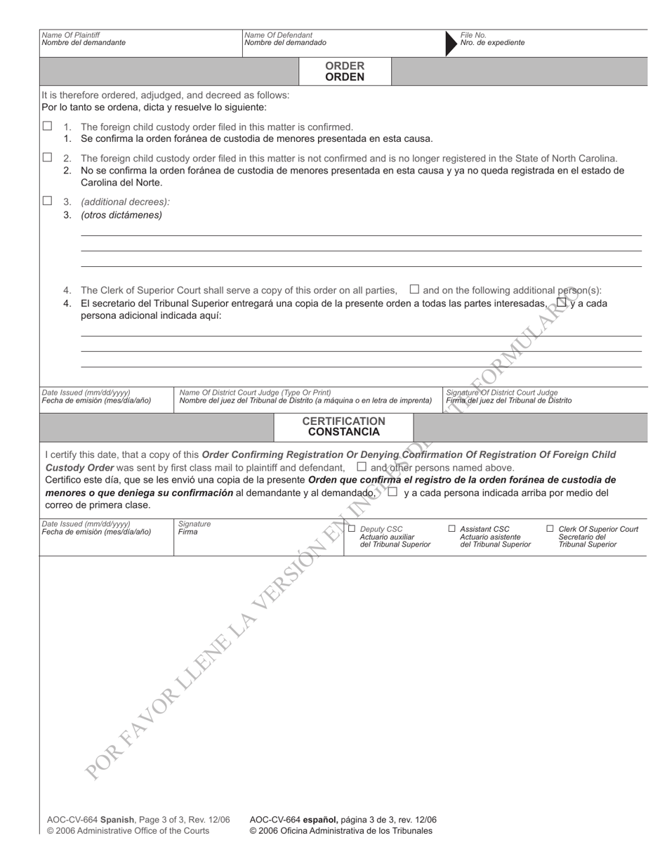 Form AOC-CV-664 Order Confirming Registration or Denying Confirmation of Registration of Foreign Child Custody Order - North Carolina (English / Spanish), Page 3