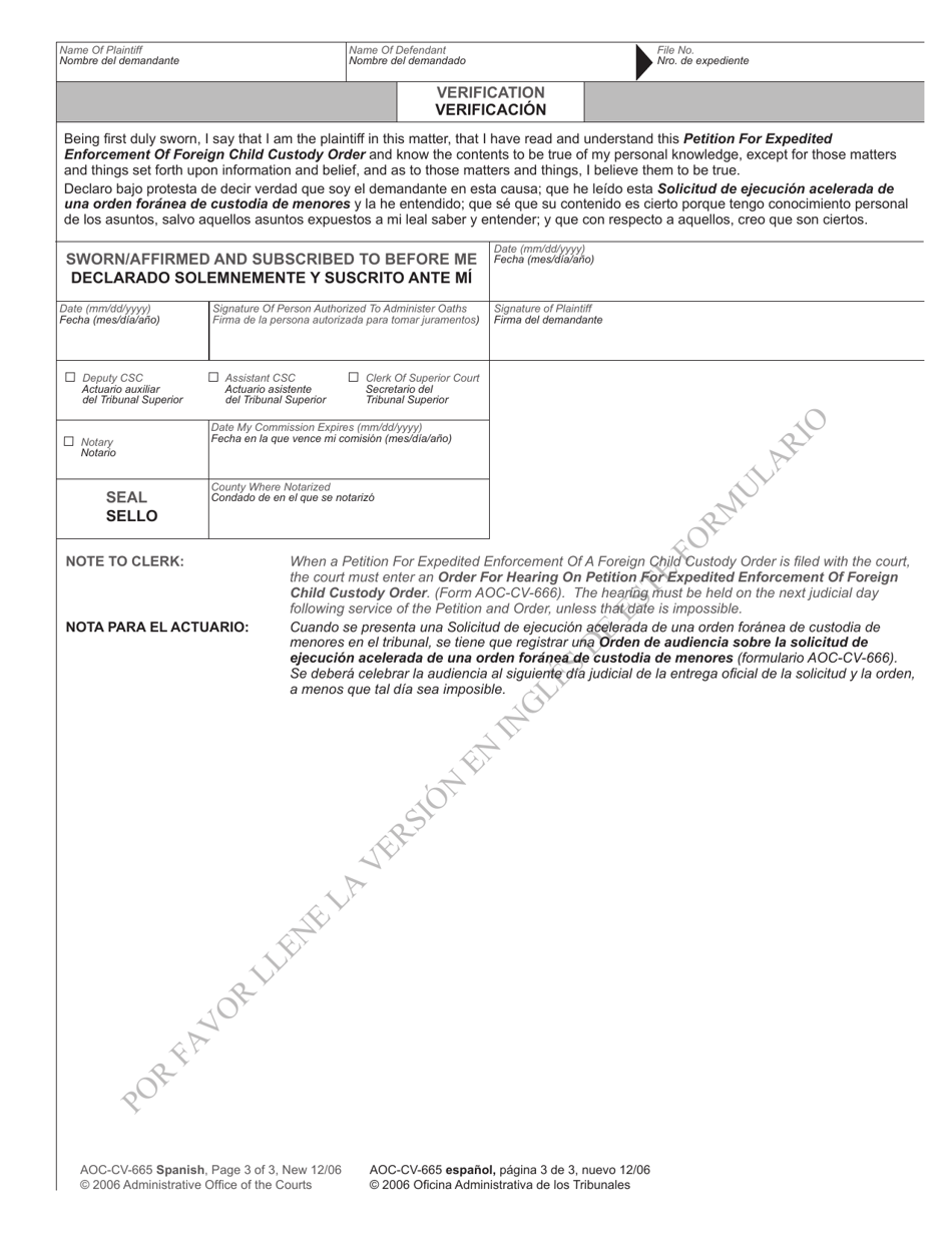Form AOC-CV-665 Petition for Expedited Enforcement of Foreign Child Custody Order - North Carolina (English / Spanish), Page 3
