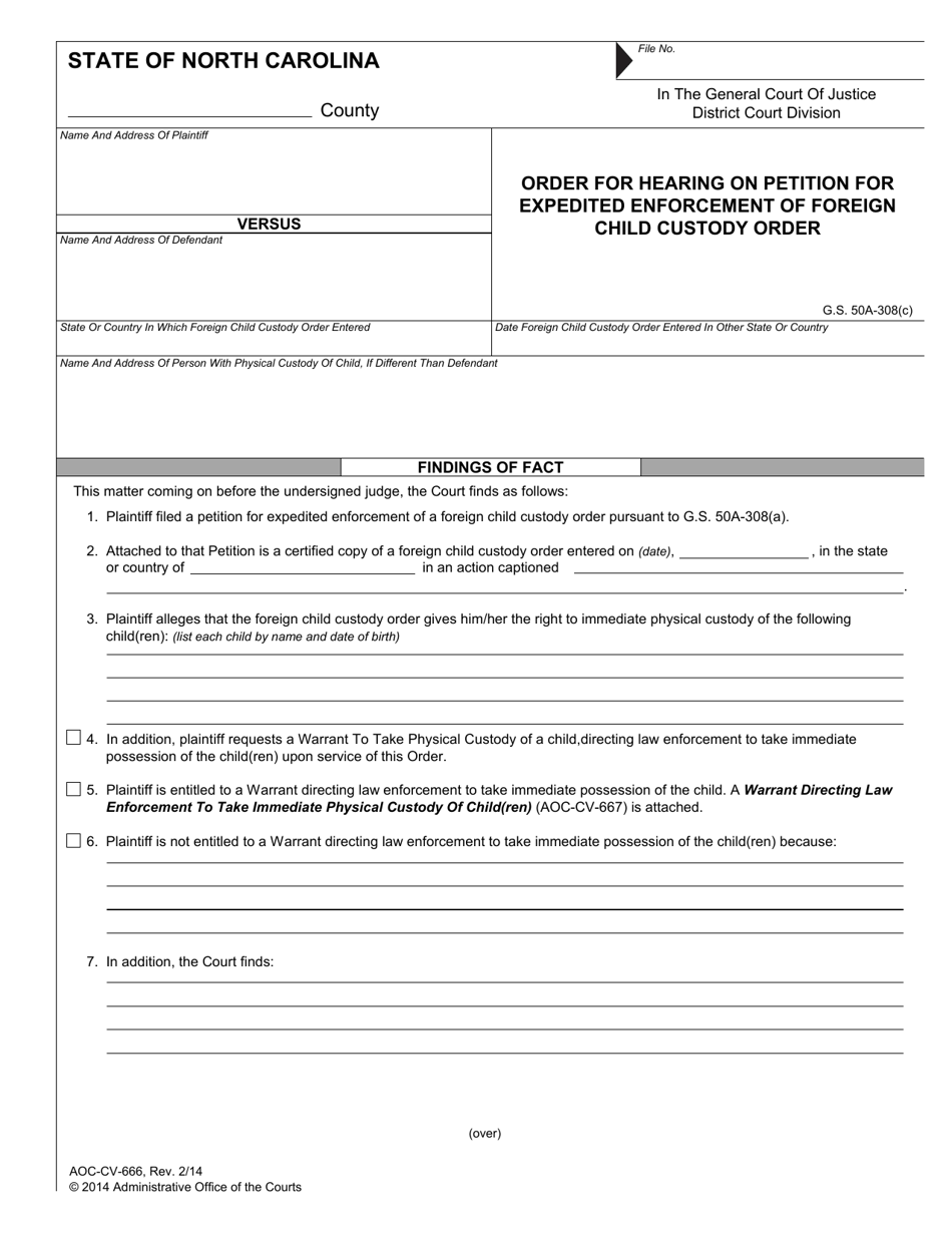 Form AOC-CV-666 Order for Hearing on Petition for Expedited Enforcement of Foreign Child Custody Order - North Carolina, Page 1