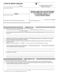 Form AOC-CV-667 Warrant Directing Law Enforcement to Take Immediate Physical Custody of Child(Ren) Subject to a Child Custody Order - North Carolina