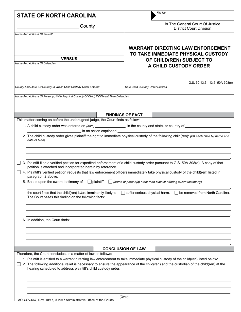 Form AOC-CV-667 Warrant Directing Law Enforcement to Take Immediate Physical Custody of Child(Ren) Subject to a Child Custody Order - North Carolina, Page 1