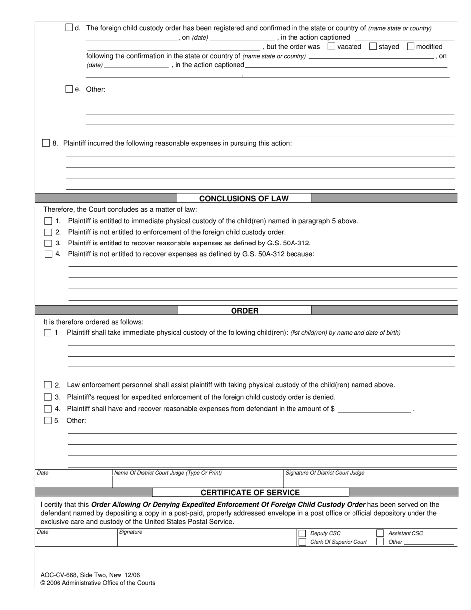 Form AOC-CV-668 Order Allowing or Denying Expedited Enforcement of Foreign Child Custody Order - North Carolina, Page 2