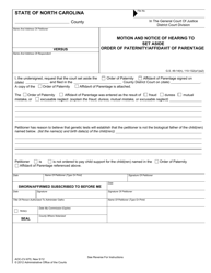 Document preview: Form AOC-CV-670 Motion and Notice of Hearing to Set Aside Order of Paternity/Affidavit of Parentage - North Carolina