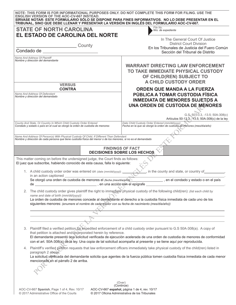Form AOC-CV-667 SPANISH Warrant Directing Law Enforcement to Take Immediate Physical Custody of Child(Ren) Subject to a Child Custody Order - North Carolina (English / Spanish), Page 1