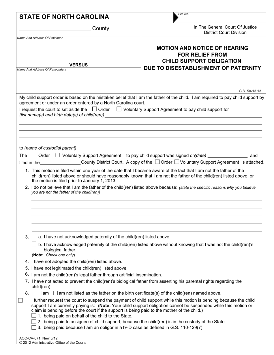 Form AOC-CV-671 Motion and Notice of Hearing for Relief From Child Support Obligation Due to Disestablishment of Paternity - North Carolina, Page 1
