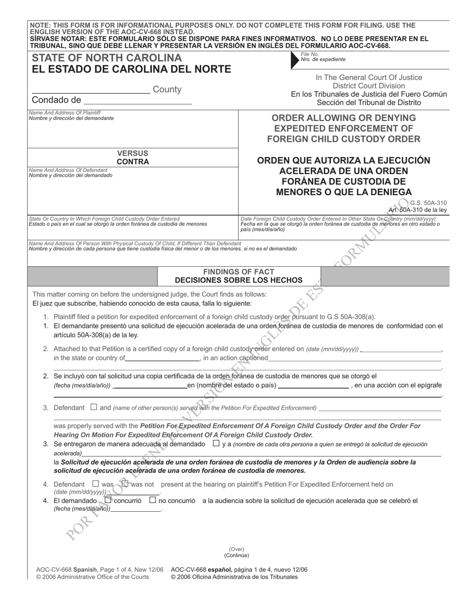Form AOC-CV-668 SPANISH Order Allowing or Denying Expedited Enforcement of Foreign Child Custody Order - North Carolina (English / Spanish), Page 1