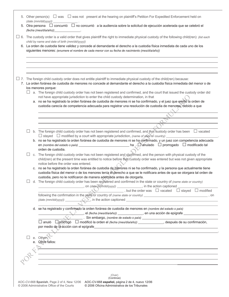 Form AOC-CV-668 SPANISH Order Allowing or Denying Expedited Enforcement of Foreign Child Custody Order - North Carolina (English / Spanish), Page 2