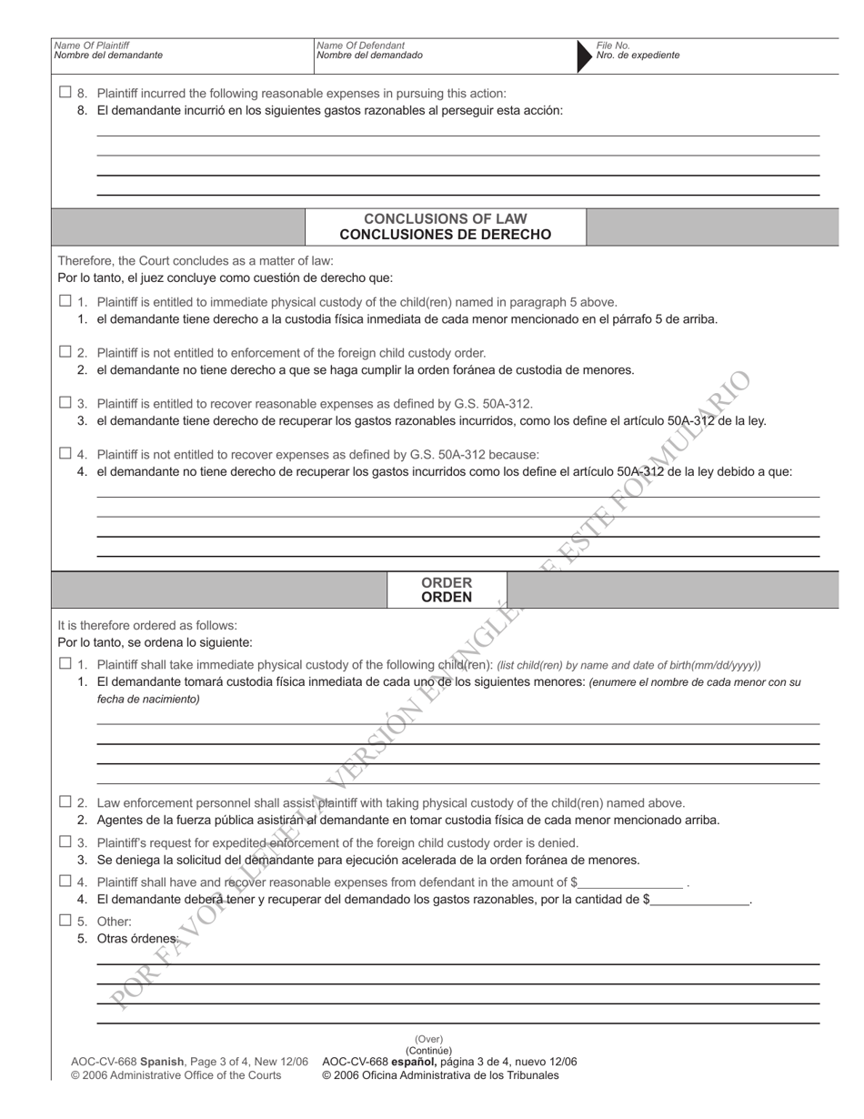 Form AOC-CV-668 SPANISH Order Allowing or Denying Expedited Enforcement of Foreign Child Custody Order - North Carolina (English / Spanish), Page 3