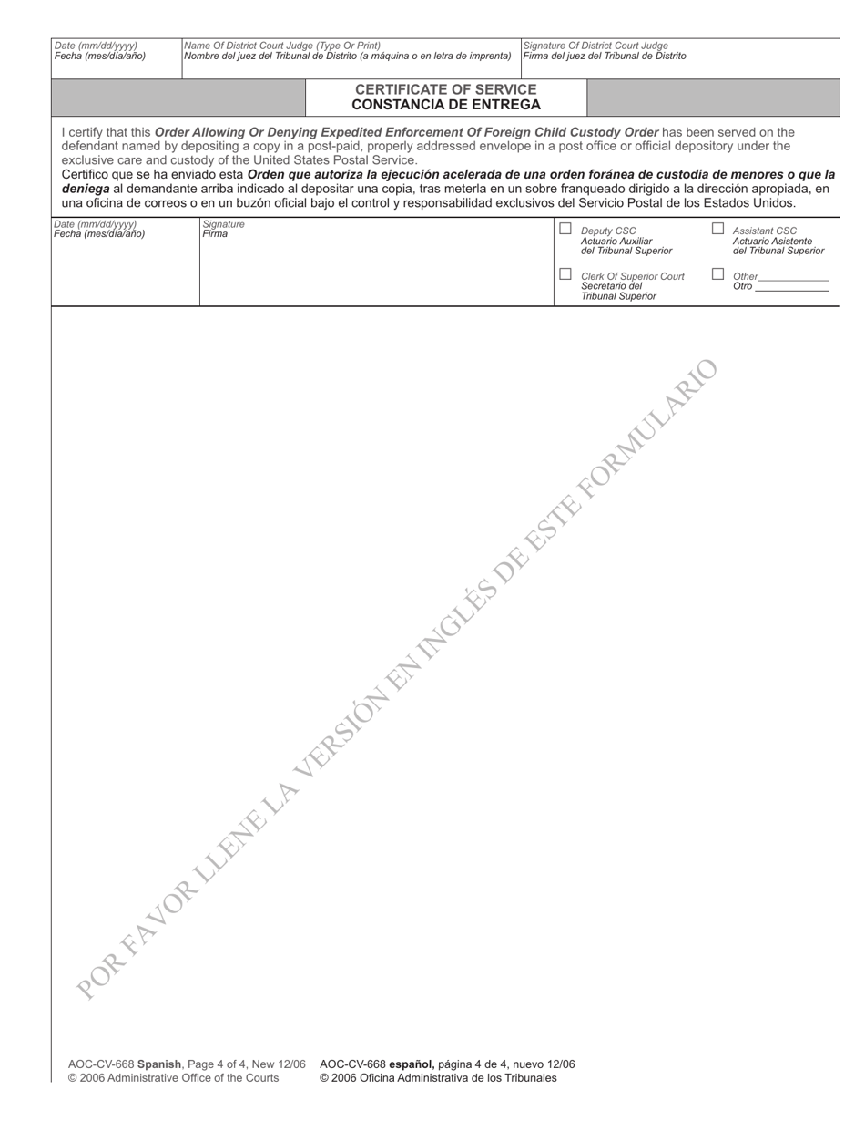 Form AOC-CV-668 SPANISH Order Allowing or Denying Expedited Enforcement of Foreign Child Custody Order - North Carolina (English / Spanish), Page 4