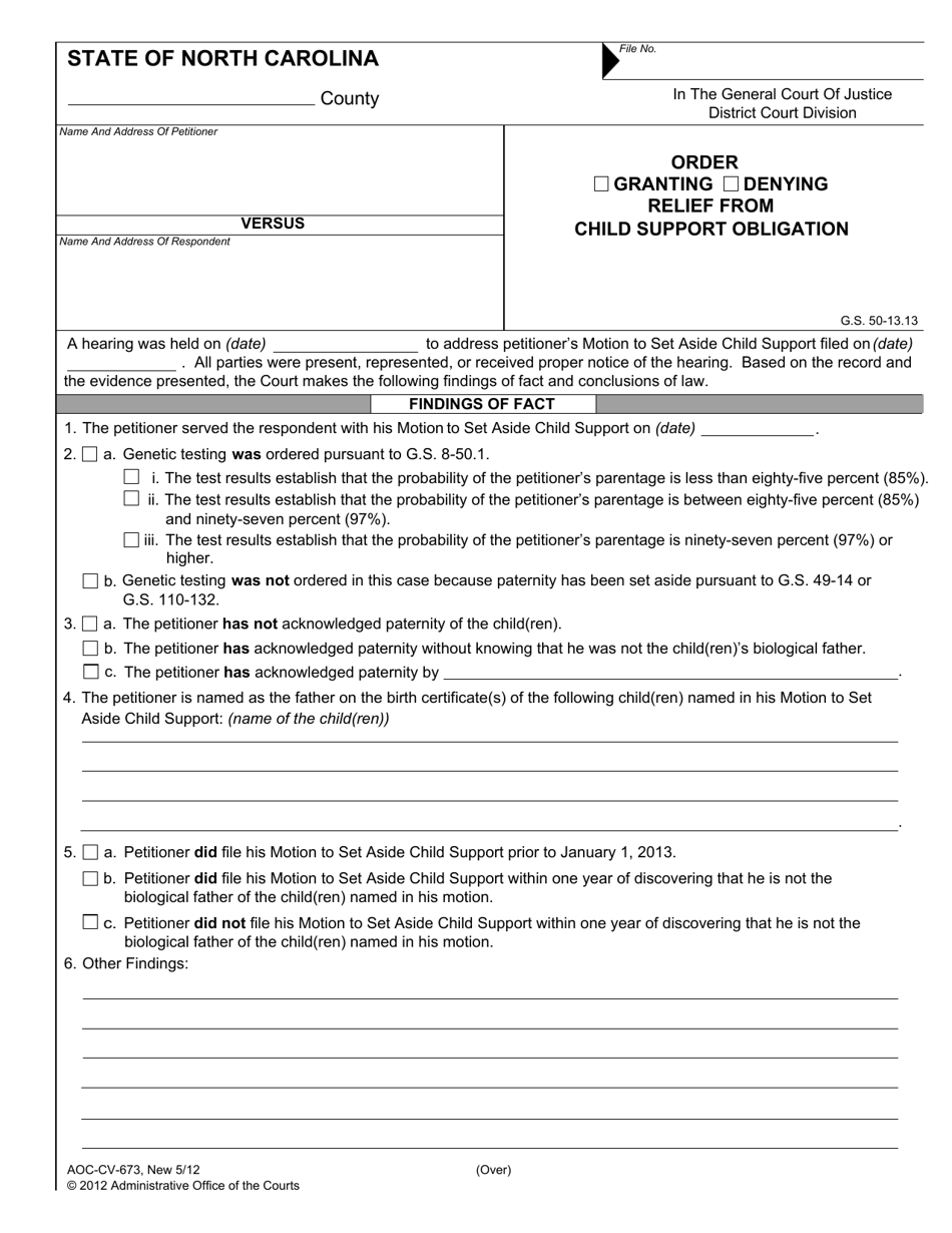 Form AOC-CV-673 Order Granting / Denying Relief From Child Support Obligation - North Carolina, Page 1