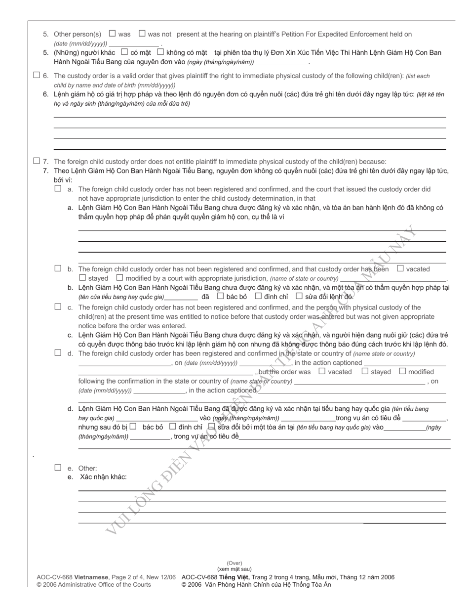 Form AOC-CV-668 VIETNAMESE Order Allowing or Denying Expedited Enforcement of Foreign Child Custody Order - North Carolina (English / Vietnamese), Page 2