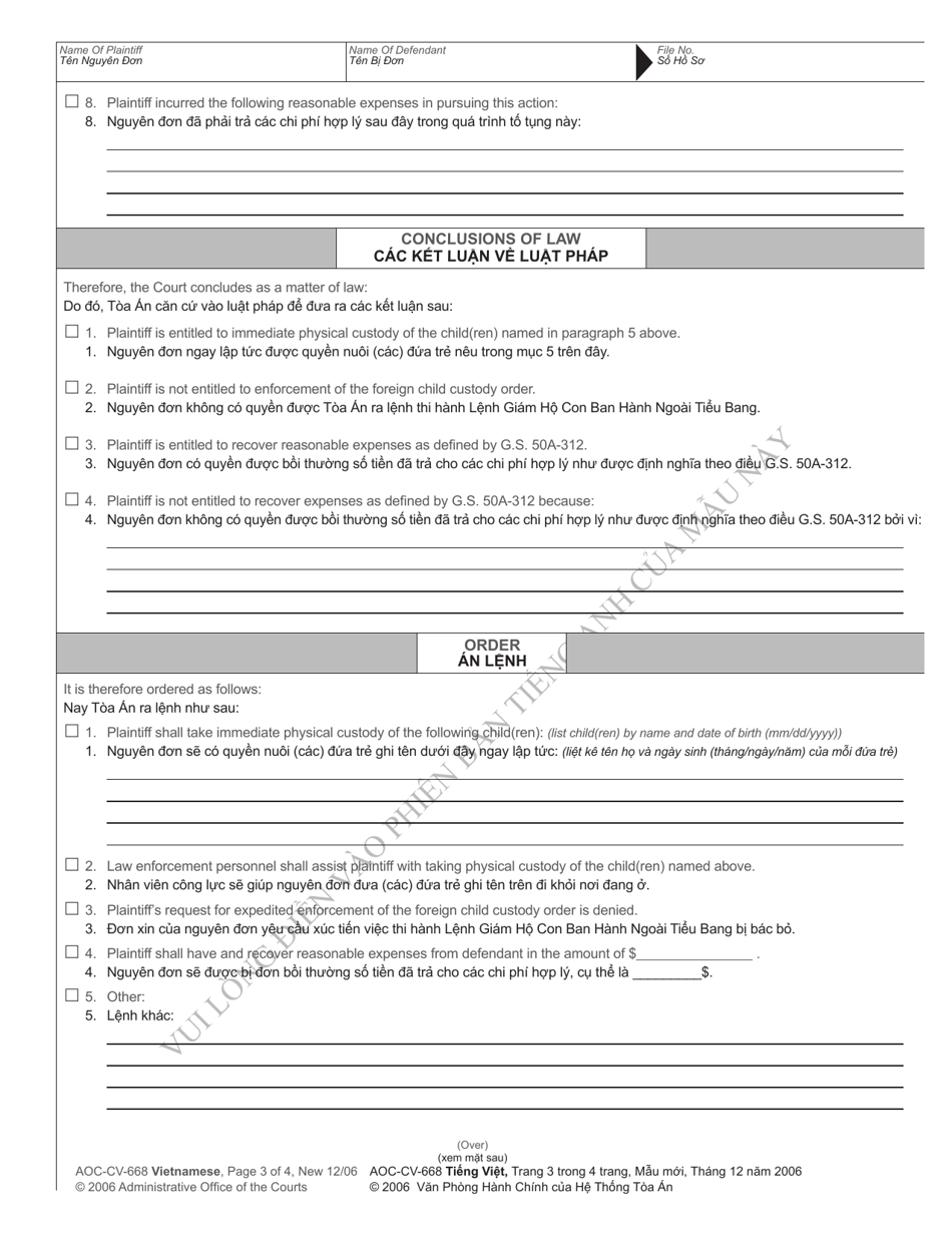 Form AOC-CV-668 VIETNAMESE Order Allowing or Denying Expedited Enforcement of Foreign Child Custody Order - North Carolina (English / Vietnamese), Page 3