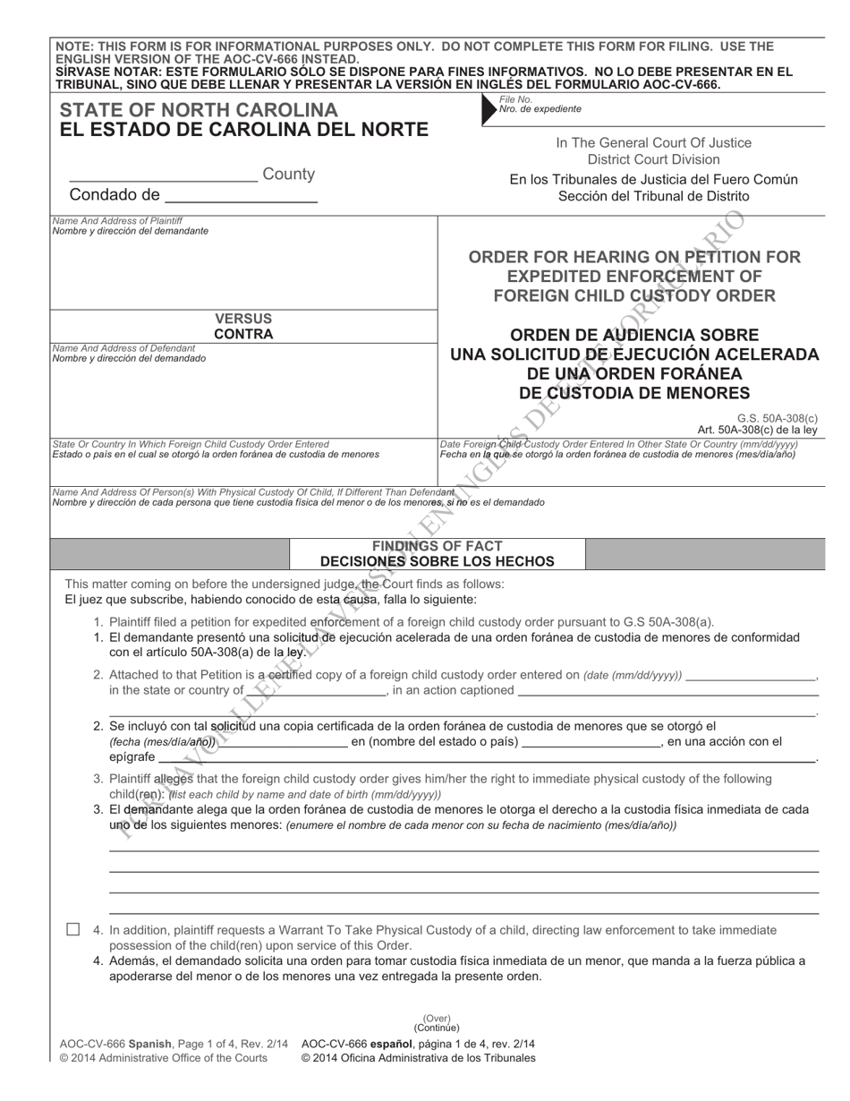 Form AOC-CV-666 SPANISH Order for Hearing on Petition for Expedited Enforcement of Foreign Child Custody Order - North Carolina (English / Spanish), Page 1