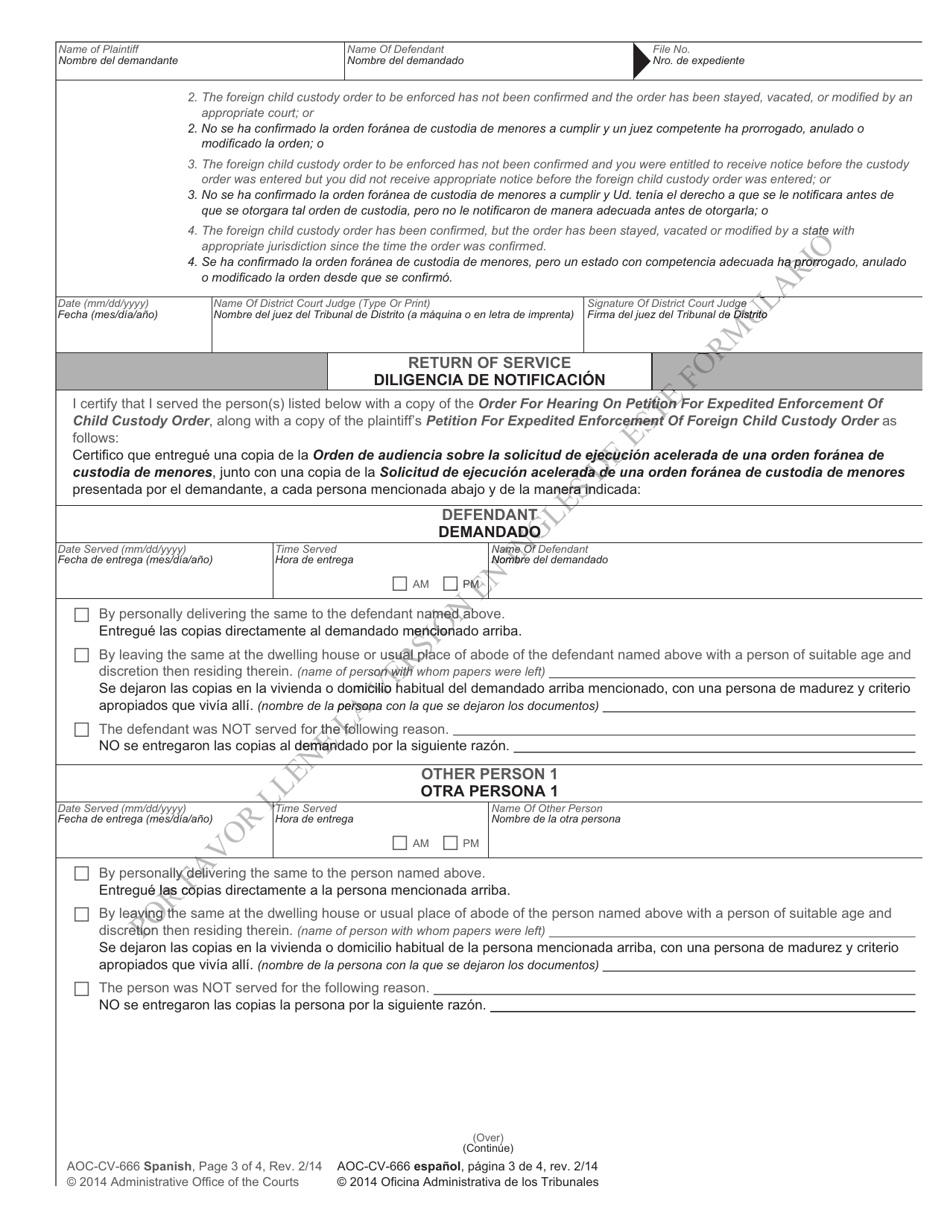 Form AOC-CV-666 SPANISH Order for Hearing on Petition for Expedited Enforcement of Foreign Child Custody Order - North Carolina (English / Spanish), Page 3