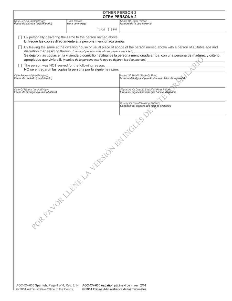 Form AOC-CV-666 SPANISH Order for Hearing on Petition for Expedited Enforcement of Foreign Child Custody Order - North Carolina (English / Spanish), Page 4