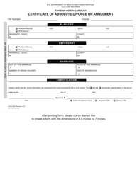 Document preview: Form DHHS2089 Certificate of Absolute Divorce or Annulment - North Carolina